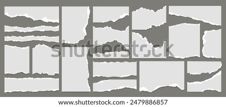 Realistic set of torn or ripped white paper sheet, note scrap or notebook page with texture edges. Torn sticky newspaper clip art with paint brush stroke border. Ripped social media business banner.