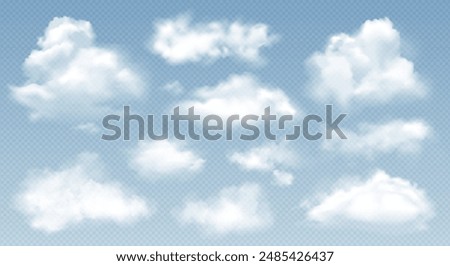 Realistic white vector cloud, fog or smoke set isolated on transparent background. Cloud, nature sky or food smoke symbol. Weather element or pattern art. Cloud texture, fire smoke wave, foggy nature.