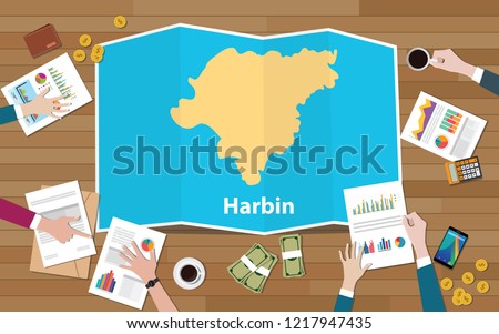 harbin capital heilongjiang province china city region economy growth with team discuss on fold maps view from top vector illustration