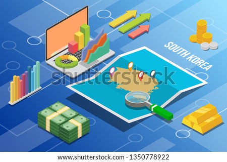 south korea isometric business economy growth country with map and finance condition - vector