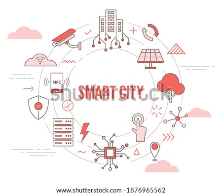 smart city concept skyline building solar panel tree camera smartphone connection server city concept with icon set template banner with modern orange color style and circle round shape