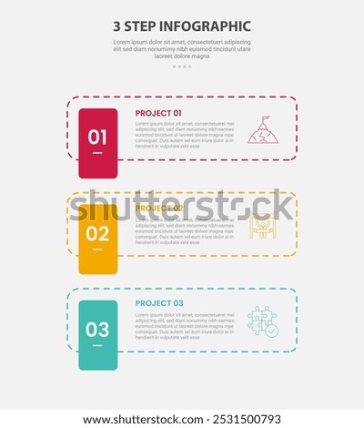 3 points template infographic outline style with 3 point step template with dotted line rectangle with vertical badge for slide presentation vector