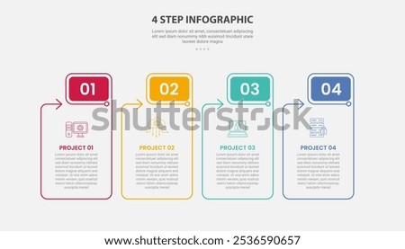 4 points template infographic outline style with 4 point step template with table box container with round rectangle header and arrow for slide presentation vector