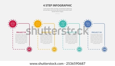 4 points template infographic outline style with 4 point step template with box container with circle and bottom header accessories for slide presentation vector