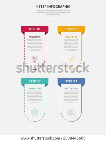 4 points template infographic outline style with 4 point step template with vertical round box container with rectangle header top for slide presentation vector