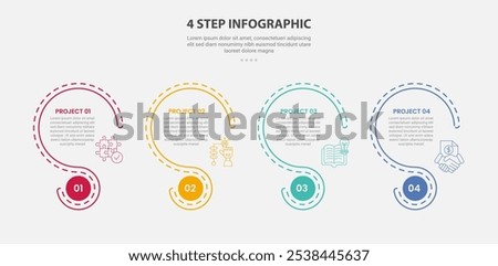 4 points template infographic outline style with 4 point step template with creative slice circle with dotted line for slide presentation vector