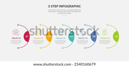 5 points template infographic outline style with 5 point step template with half circle line on horizontal right direction for slide presentation vector