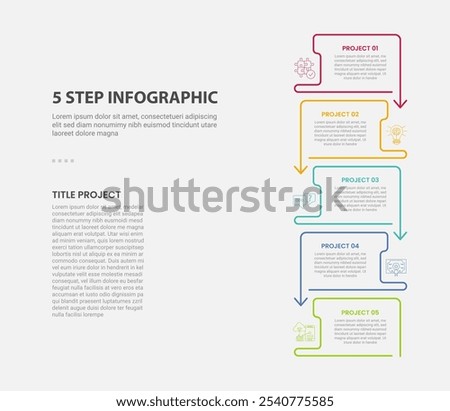 5 points template infographic outline style with 5 point step template with creative vertical stack structure with arrow bottom direction for slide presentation vector