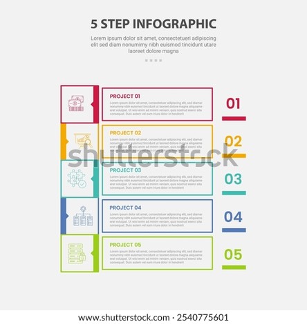 5 points template infographic outline style with 5 point step template with square and sharp rectangle box container on vertical stack position for slide presentation vector