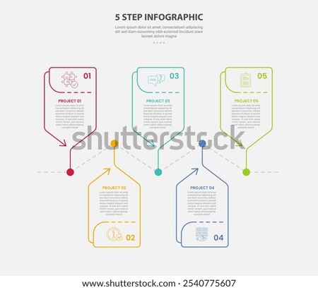 5 points template infographic outline style with 5 point step template with creative box arrow timeline up and down for slide presentation vector