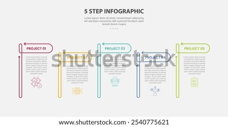 5 points template infographic outline style with 5 point step template with open table with arrow header up and down for slide presentation vector