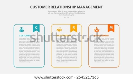 CRM customer relationship management infographic outline style with 3 point template with round container table with bookmark header for slide presentation vector