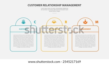 CRM customer relationship management infographic outline style with 3 point template with creative table and half circle header for slide presentation vector