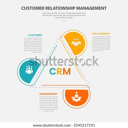 CRM customer relationship management infographic outline style with 3 point template with creative triangle structure with half circle edge for slide presentation vector