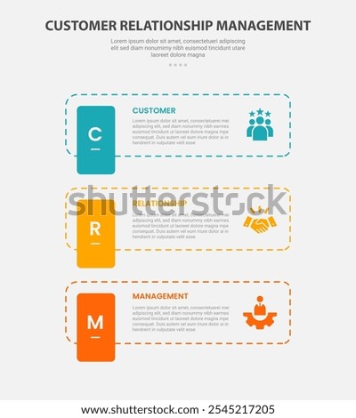 CRM customer relationship management infographic outline style with 3 point template with dotted line rectangle with vertical badge for slide presentation vector