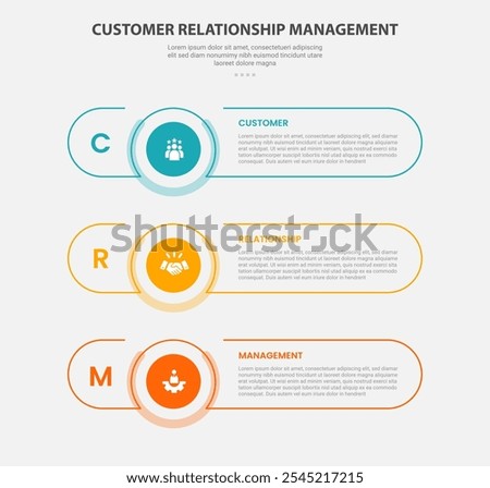 CRM customer relationship management infographic outline style with 3 point template with long round rectangle shape with stack vertical layout for slide presentation vector