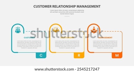 CRM customer relationship management infographic outline style with 3 point template with creative table box with half circle round on header for slide presentation vector