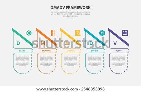 DMADV framework infographic outline style with 5 point template with creative table with slice header table for slide presentation vector