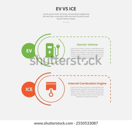 EV vs ICE technology infographic outline style with 2 point comparison template with creative circle stack vertical for slide presentation vector