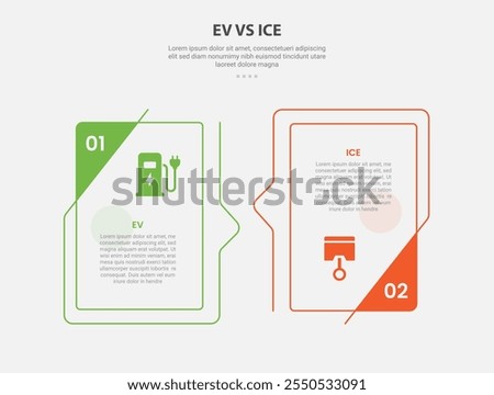 EV vs ICE technology infographic outline style with 2 point comparison template with creative box with bookmark badge on side for slide presentation vector