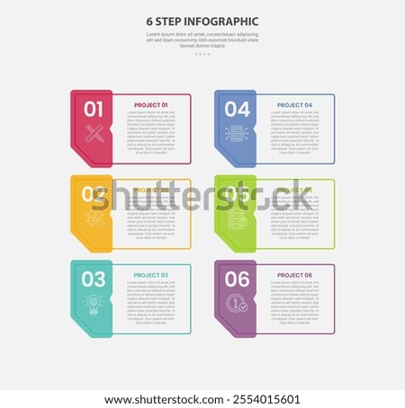 6 points template infographic outline style with 6 point step template with creative folder box table with vertical structure stack for slide presentation vector