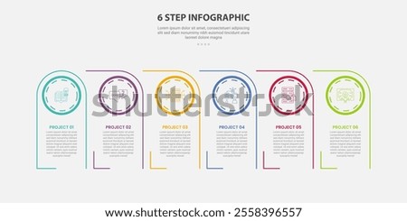 6 points template infographic outline style with 6 point step template with creative connected table with circle header for slide presentation vector