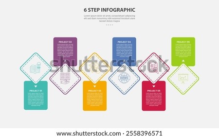 6 points template infographic outline style with 6 point step template with diamond shape on round rectangle up and down for slide presentation vector