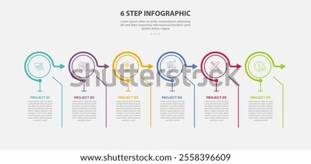 6 points template infographic outline style with 6 point step template with creative table with small divider and circle arrow header for slide presentation vector