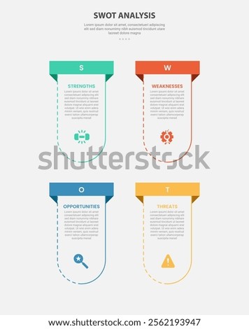 SWOT analysis infographic outline style with 4 point template with vertical round box container with rectangle header top for slide presentation vector