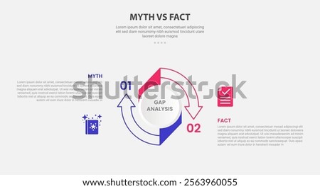 myth vs facts infographic outline style with 2 point comparison template with big circle arrow outline cycle circular for slide presentation vector