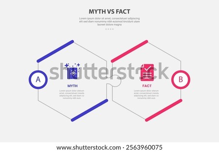 myth vs facts infographic outline style with 2 point comparison template with hexagonal shape puzzle jigsaw connection for slide presentation vector