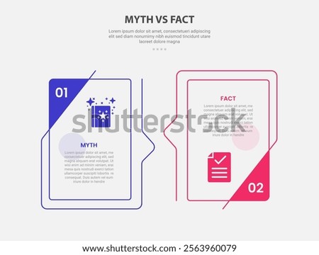 myth vs facts infographic outline style with 2 point comparison template with creative box with bookmark badge on side for slide presentation vector