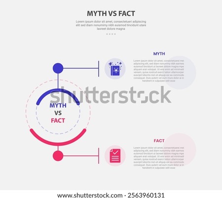 myth vs facts infographic outline style with 2 point comparison template with creative circle line connection top and bottom for slide presentation vector