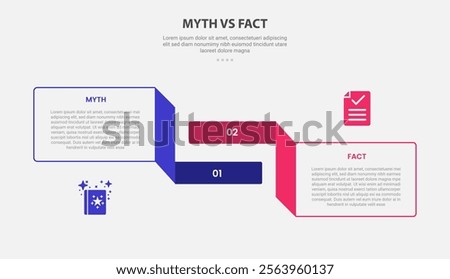 myth vs facts infographic outline style with 2 point comparison template with big circle center and round shape for slide presentation vector