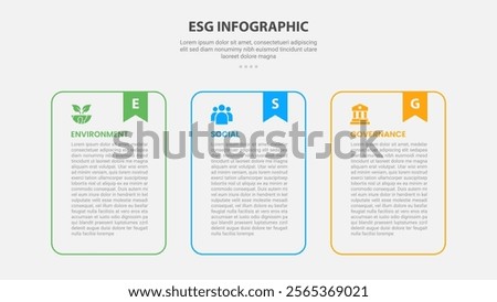 ESG infographic outline style with 3 point template with round container table with bookmark header for slide presentation vector