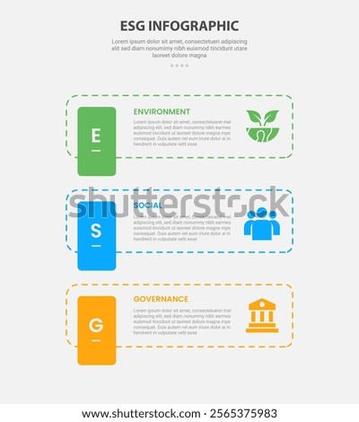 ESG infographic outline style with 3 point template with dotted line rectangle with vertical badge for slide presentation vector