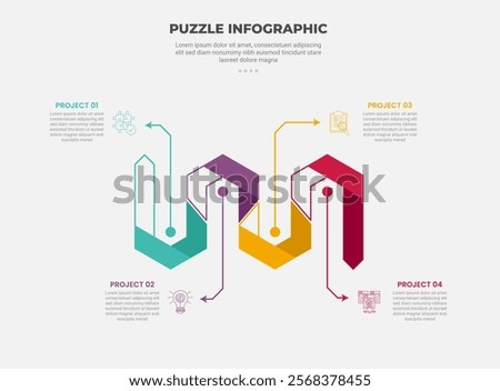 puzzle infographic outline style with 4 point template with creative shape ribbon flipped up and down for slide presentation vector