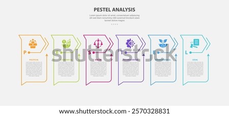 PESTEL analysis infographic outline style with 6 point template with creative table with arrow header style for slide presentation vector