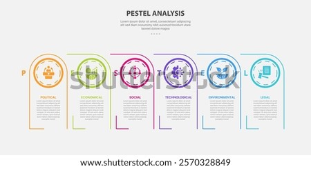 PESTEL analysis infographic outline style with 6 point template with creative connected table with circle header for slide presentation vector