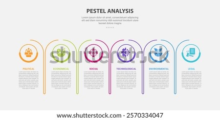 PESTEL analysis infographic outline style with 6 point template with creative round table with circle header badge for slide presentation vector