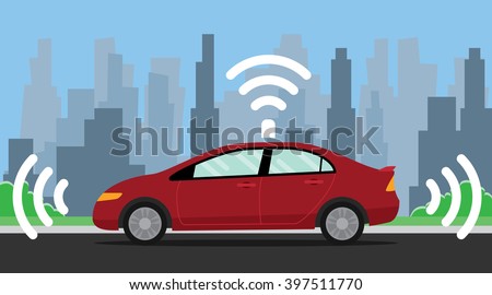 self driving car illustration with red color on the road