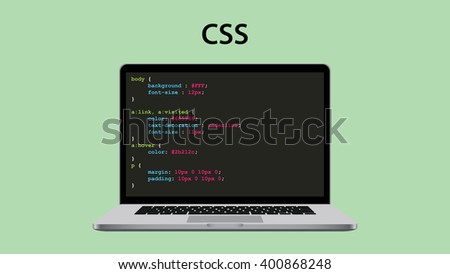 css cascading style sheet programming language with laptop and css script code vector illustration