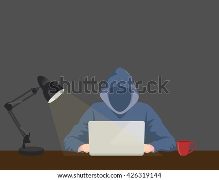 programmer hacker working on front of his laptop writing code in the middle of night vector graphic illustration