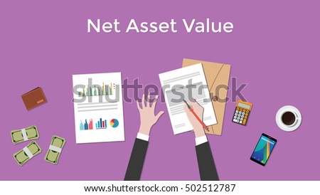 net asset value nav  illustration with business man working on paper document graph paper document money and signing a paper