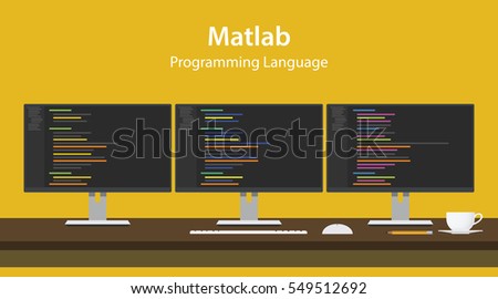 Illustration of Matlab programming language code displayed on three monitor in a row at programmer workspace