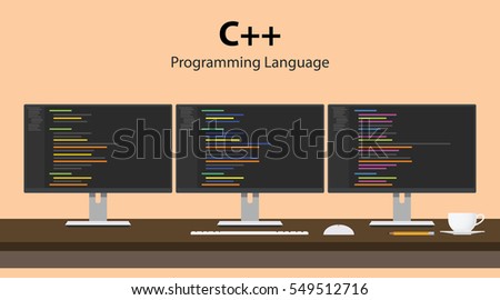 Illustration of C++ programming language code displayed on three monitor in a row at programmer workspace