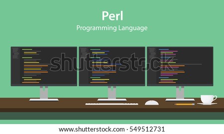 Illustration of Perl programming language code displayed on three monitor in a row at programmer workspace