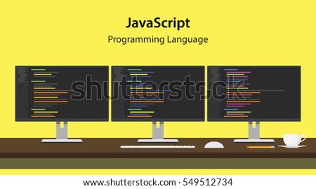 Illustration of JavaScript programming language code displayed on three monitor in a row at programmer workspace