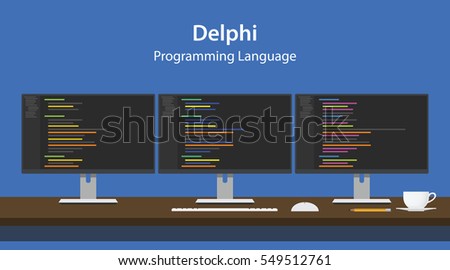 Illustration of Delphi programming language code displayed on three monitor in a row at programmer workspace