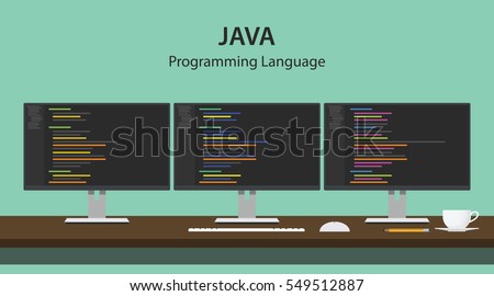 Illustration of JAVA programming language code displayed on three monitor in a row at programmer workspace